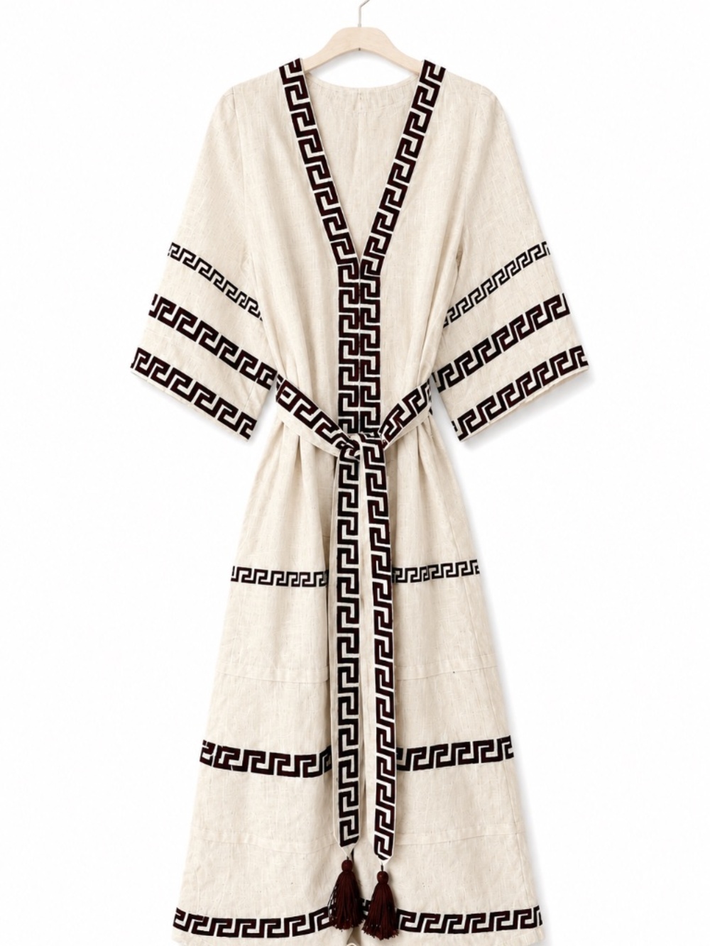 ⁠One-of-a-Kind Embroidered Greek Key Linen Boho Kaftan Dress